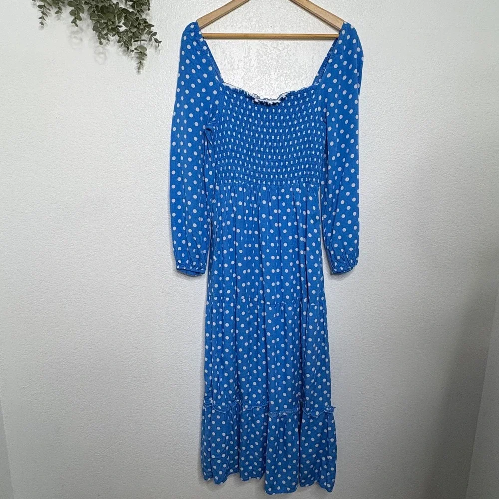 Dolan Anthropologie Collection Blue Polka Dot Smocked Tiered Dress Large - Picture 2 of 8